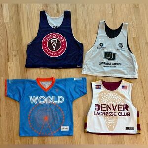 Set of 4 Boys’ Lacrosse Jerseys Pinnies, Chipotlax, DU, Casey Powell + DLC, 8-13